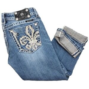 Miss Me Womens Blue Denim y2k 2000s Capri Jeans Size 27 Selvage  Bling Crystals